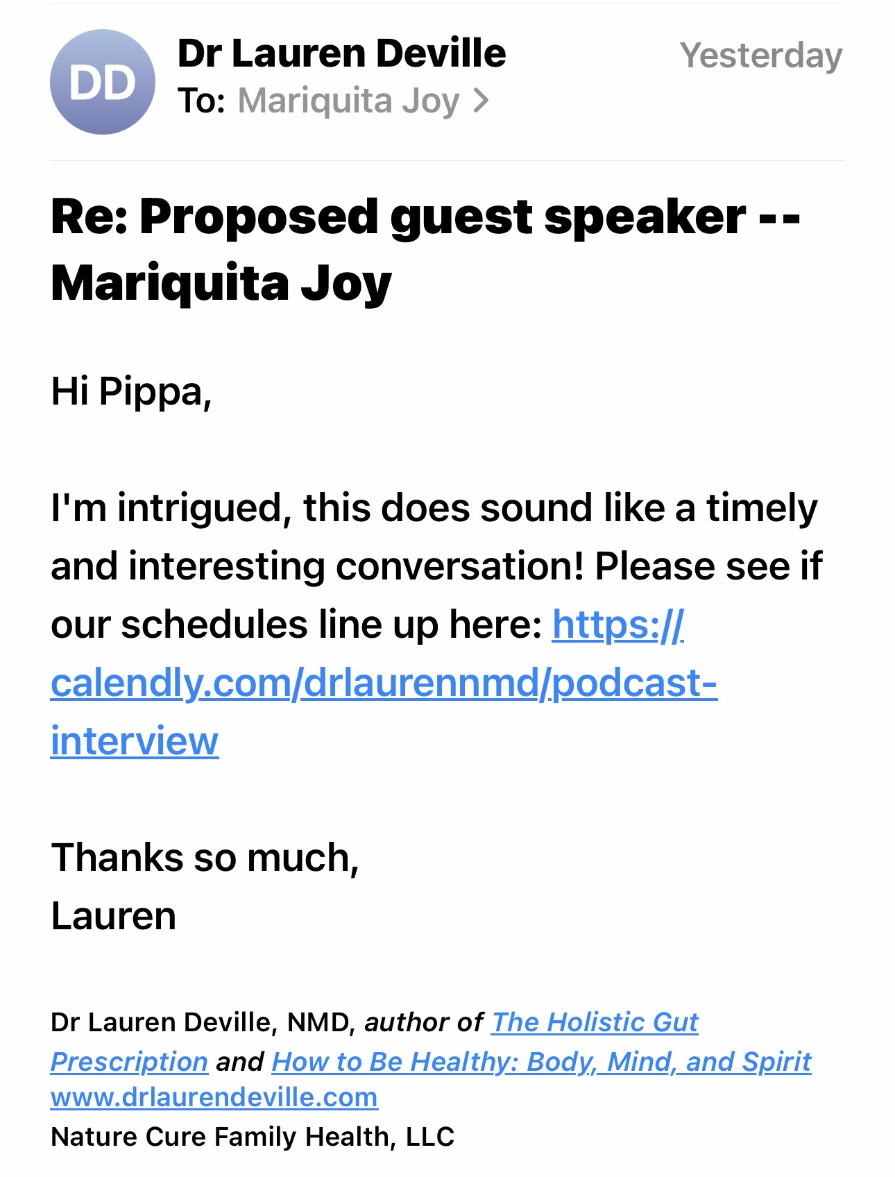 Email from Dr. Lauren Deville inviting Mariquita Joy to schedule a podcast interview on September 11